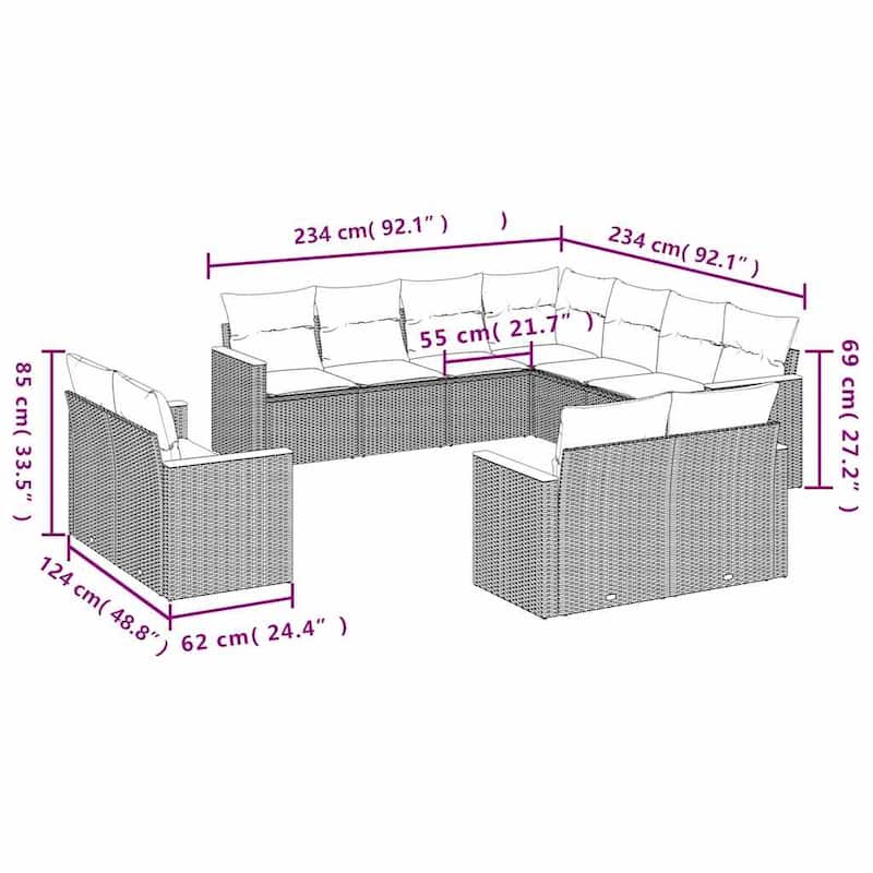 vidaXL Patio Sofa Set with Cushions Outdoor Conversation Furniture Poly Rattan - 24.4 x 24.4 x 27.2 in