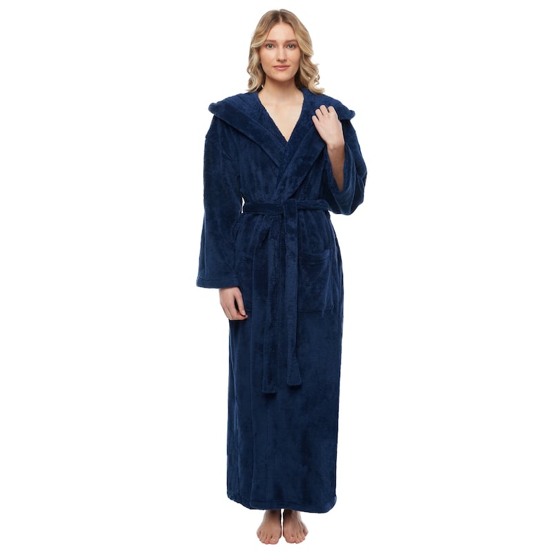 Women's Hooded Premium Fleece Full Length Bathrobe Soft Plush Robe