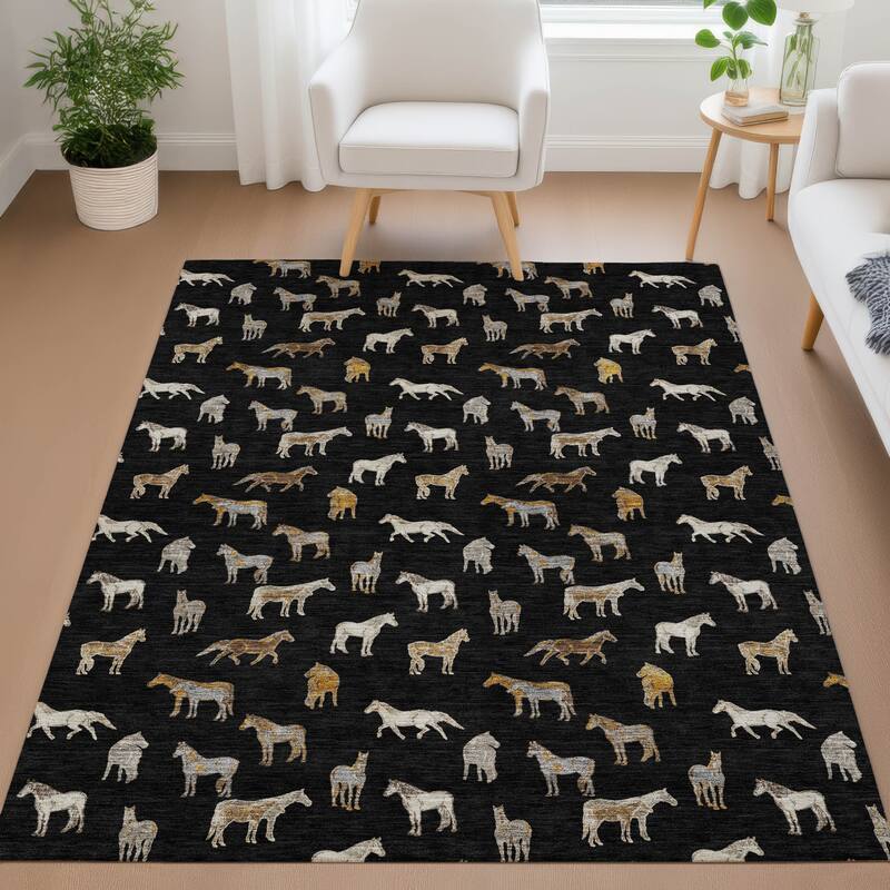 Machine Washable Indoor/ Outdoor Horses Chantille Rug