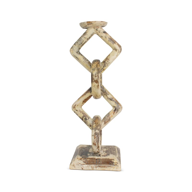 Wood Chain Link Candle Holder Hand Carved Rustic Whitewashed Candle Stand, Decorative Accent