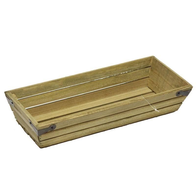 Natural wood small shallow rectangle crate with metal corner design
