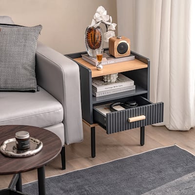 Living Room Bedroom Nightstand Bedside Table w/ Drawer & Open Shelf