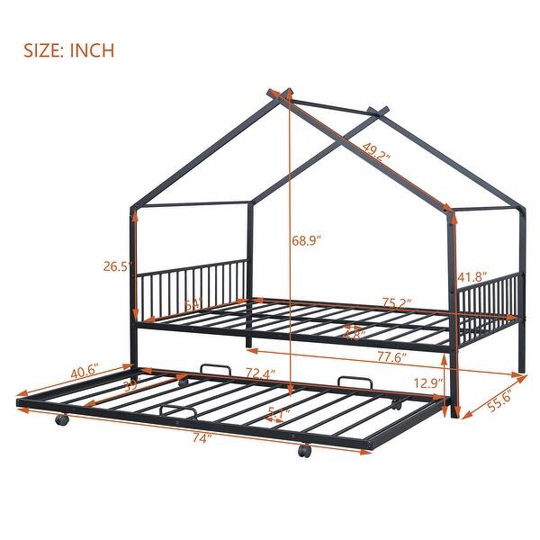 Black Full Size Metal House Bed with Trundle and Roof for Kids, Boys and Girls, Bedroom