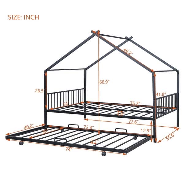 dimension image slide 2 of 6, Metal House Bed with Trundle and Roof for Kids, Boys and Girls, Bedroom