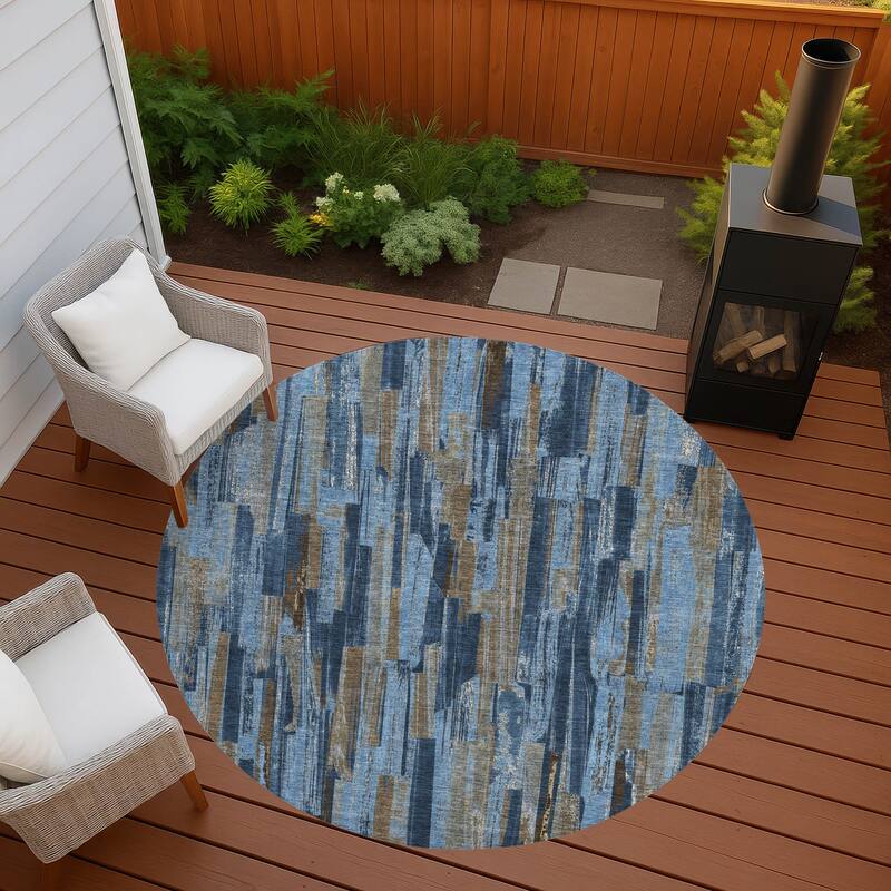 Machine Washable Indoor/ Outdoor Modern Stripes Chantille Rug - Navy - 8' x 8'
