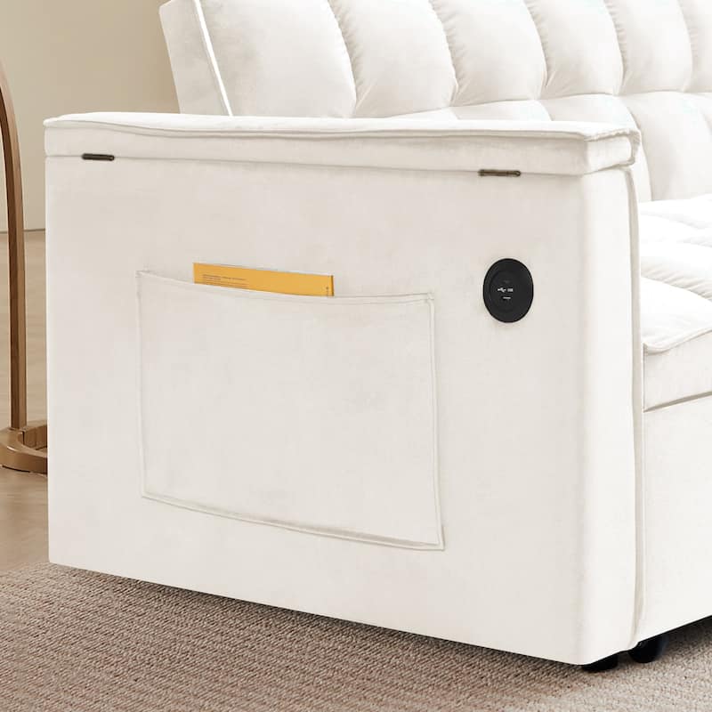 55.5" Convertible Velvet Double Sleeper Sofa Bed with Hidden Side Table