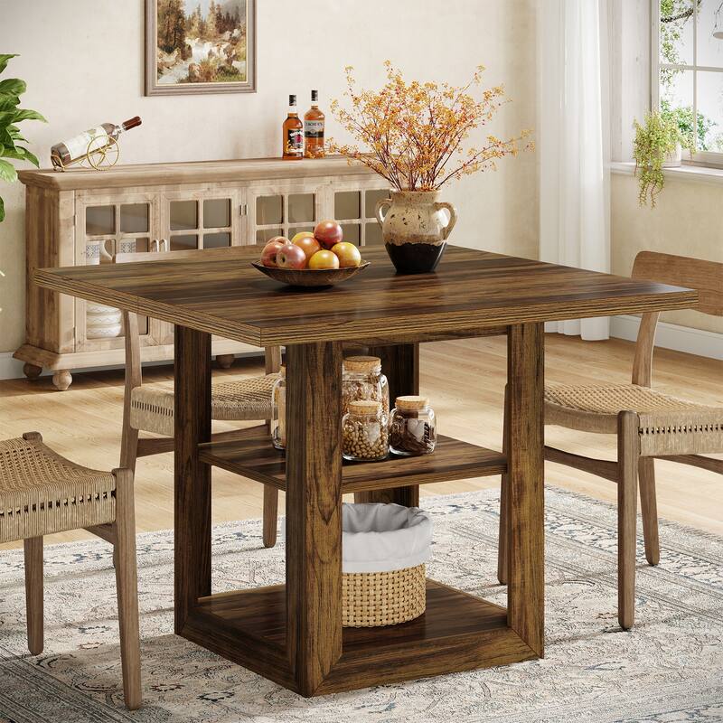 Square Dining Table with 2-Tier Storage Shelf - Brown