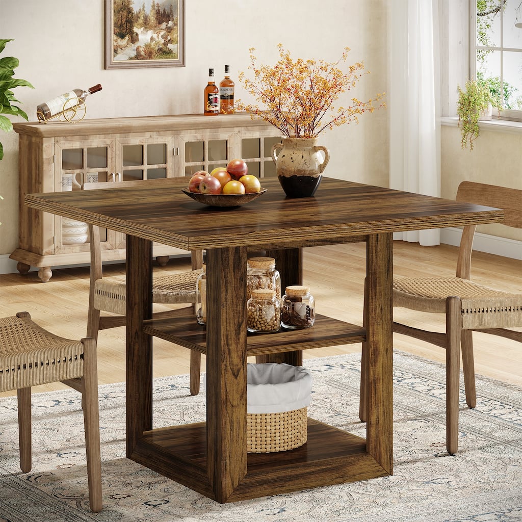 Square Dining Table with 2-Tier Storage Shelf