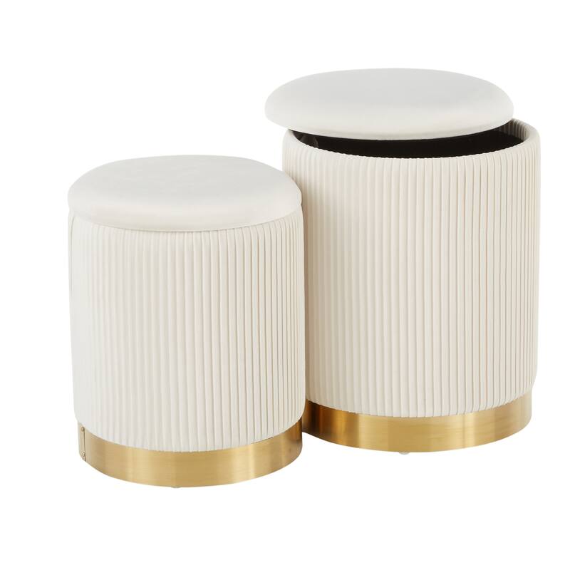 Marla Contemporary Nesting Pleated Ottoman Set in Gold Metal and Velvet by LumiSource