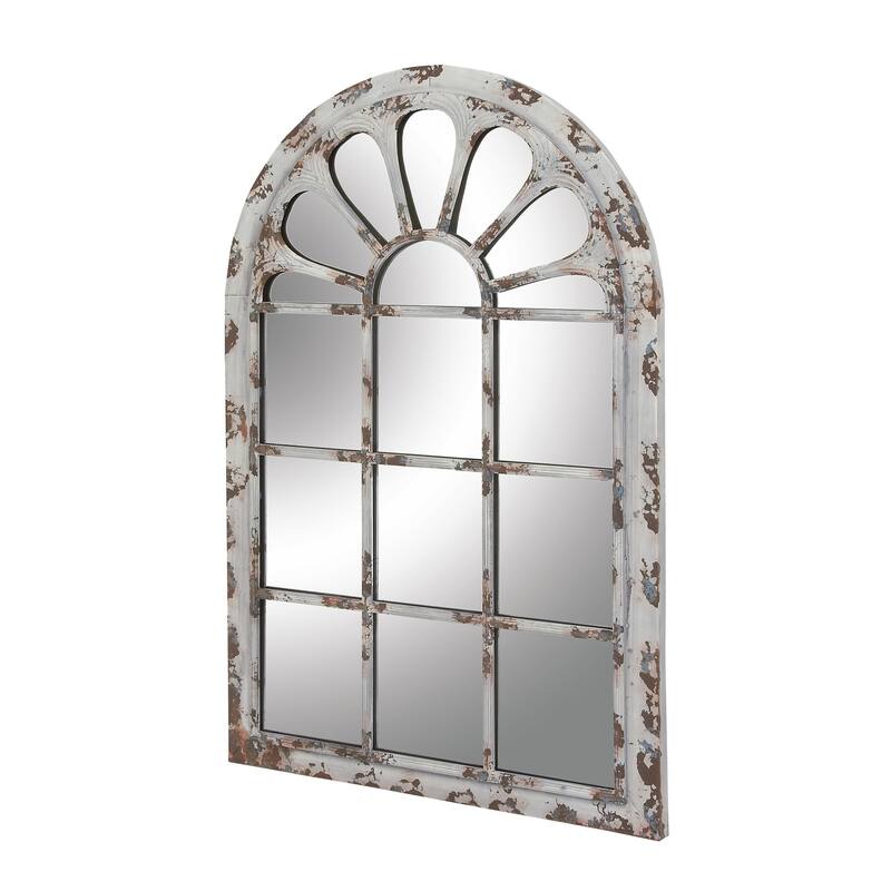 White Metal Window Pane Inspired Room Wall Mirror with Arched Top