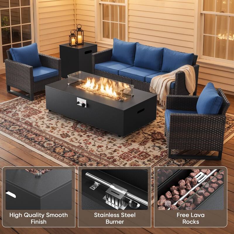 Pocassy Patio 7 Piece Sofa Swivel Chair Ottoman with Fire Table