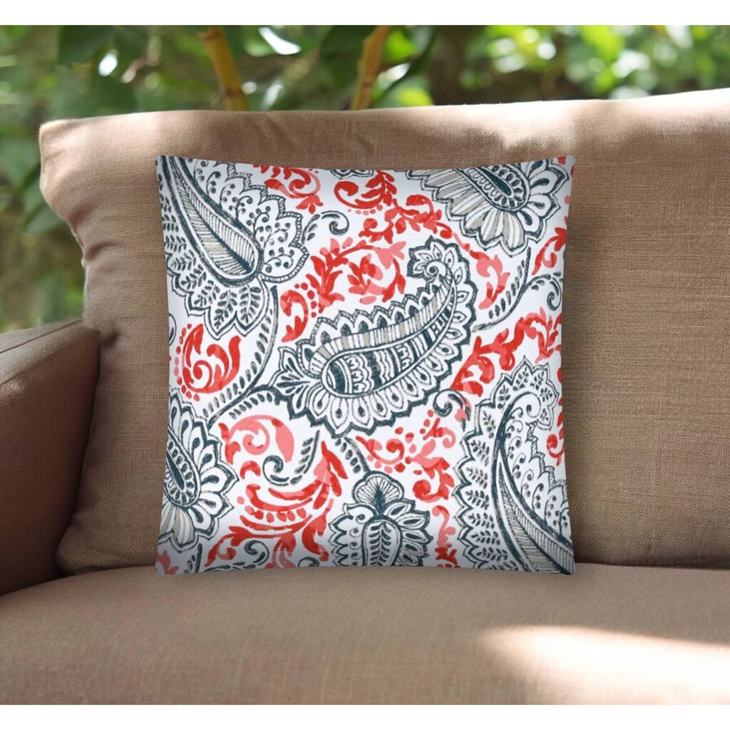17" Coral Navy and White Paisley Indoor Outdoor Throw Pillow Cover