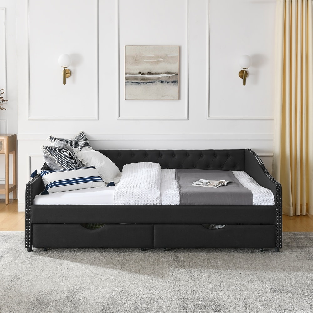 Roomfitters Twin/Full/Queen Upholstered Daybed with Tufted Backrest, Nailhead Trim and Underbed Storage Trundle