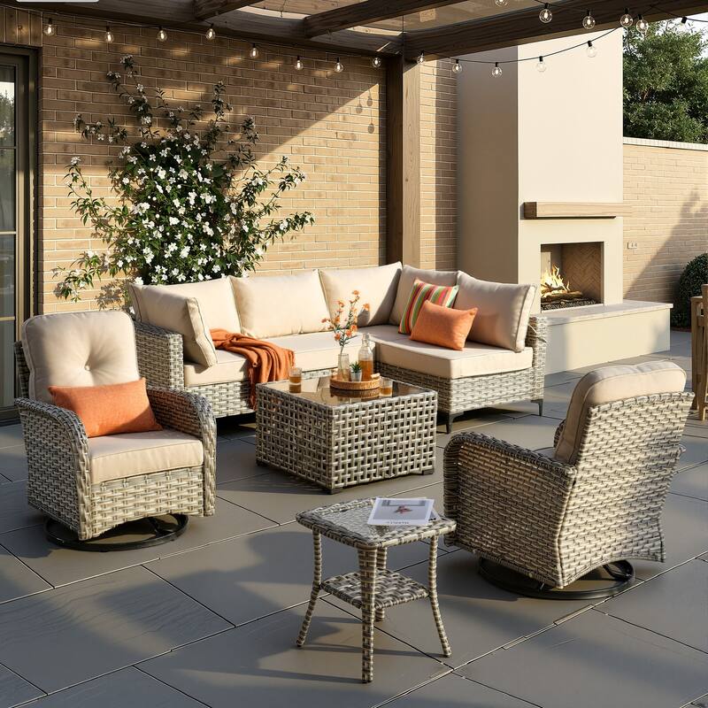 XIZZI 8-Piece Outdoor Wicker Furniture Sectional Swivel Chairs Set - Beige