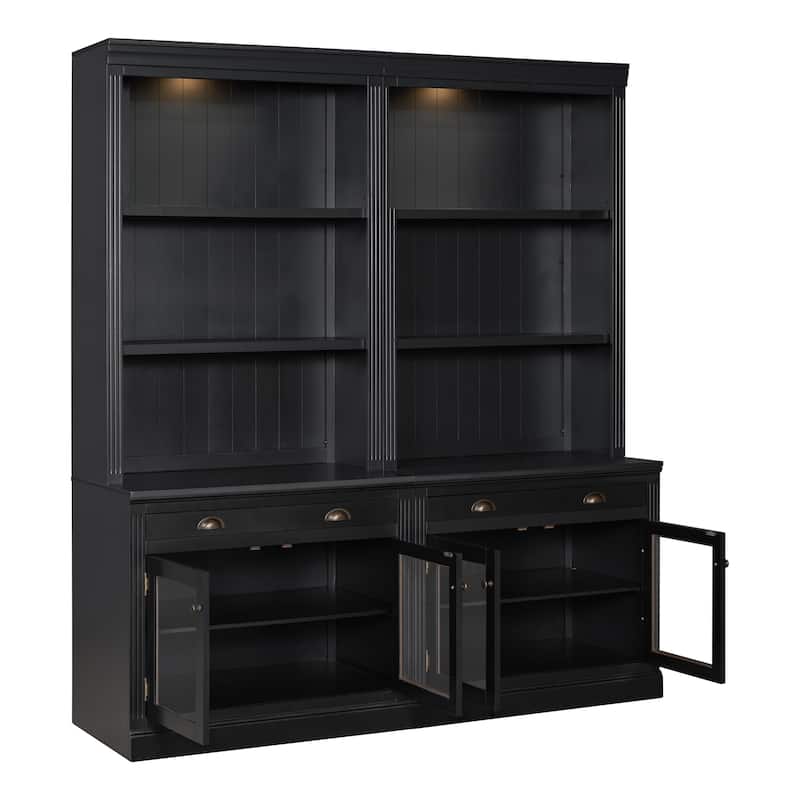 83.4" Modern Bookshelf Suite with LED Lights, Glass Doors, Drawers & Open Shelves, 2-Piece Storage Bookcase Set for Home Office