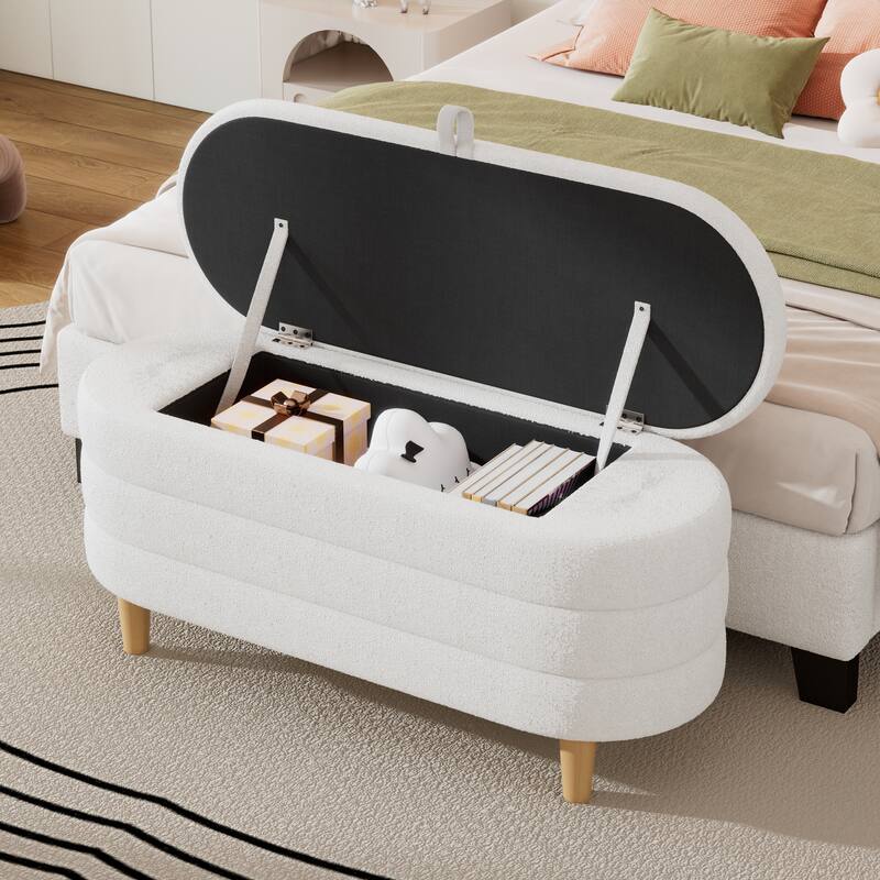 Elegant Upholstered Sherpa Fabric Storage Ottoman with Wood Legs, Storage Bench for Bedroom, Living Room