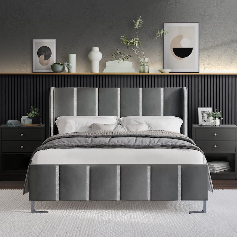 CraftPorch Luxurious Crystal Diamond Strip Velvet Upholstered Bed