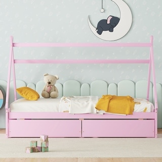 Twin House Platform Bed with 2-Drawers, Headboard & Footboard, Easy Assembly, Pink