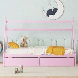 Twin Size Low House Bed with Two Drawers, Modern Wooden Platform Bed Frame with Storage for Kids, Teens, Boys, Girls