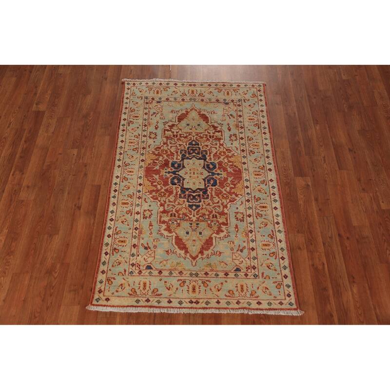 Geometric Heriz Serapi Vegetable Dye Accent Rug Handmade Wool Carpet - 3'0"x 4'10"