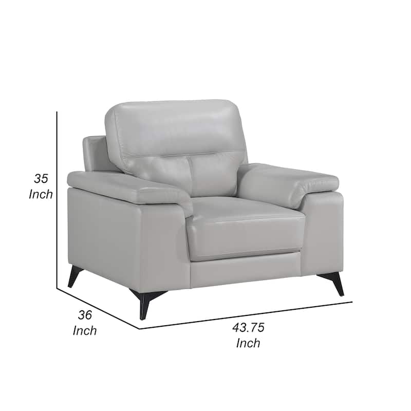 Mica 36 Inch Accent Chair, Metal Legs Light Gray Top Grain and Faux Leather