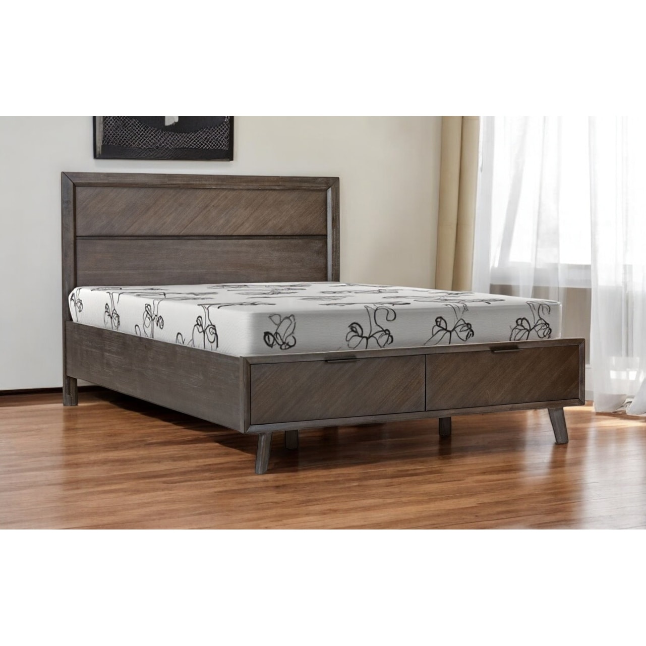 HomeRoots Dark Brown Solid Wood Queen With Two Drawers Bed Frame