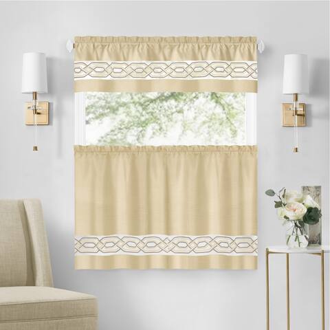 Paige Embroidered Kitchen Curtain and Valance Set, Tiers 55x36, Valance 55x13 Inches - White
