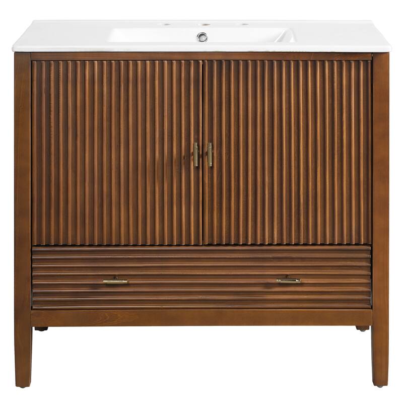 Christopher Knight Home - Mid-Century Freestanding Bathroom Vanity with Ceramic Sink, Flip-Up & Dual Drawers