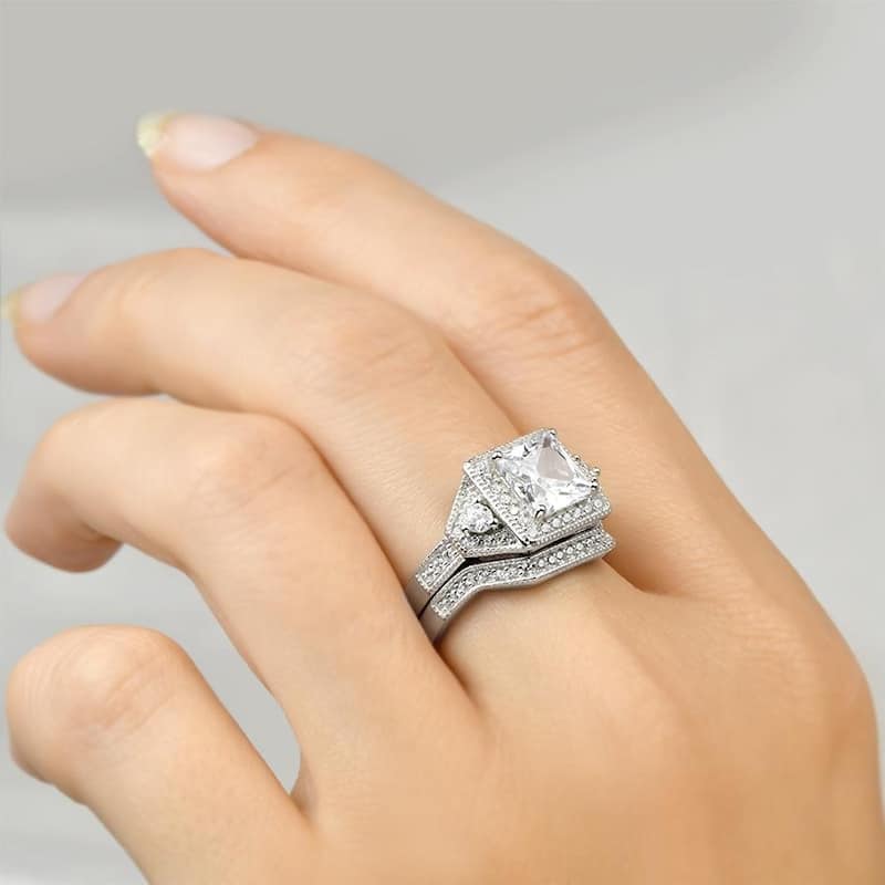 Sterling Silver Brilliant 3.0 CT Wedding Band Ring Set Princess Cut