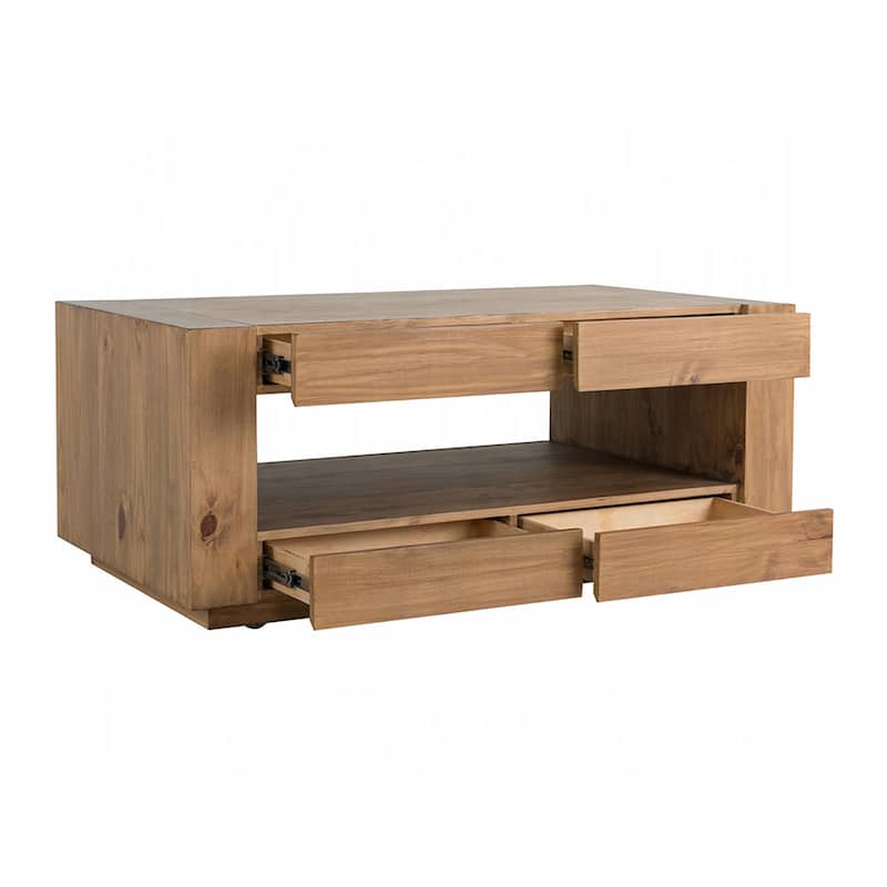 4 Drawers and 1 Open Shelf Wooden Coffee Table with Wheels in Oak
