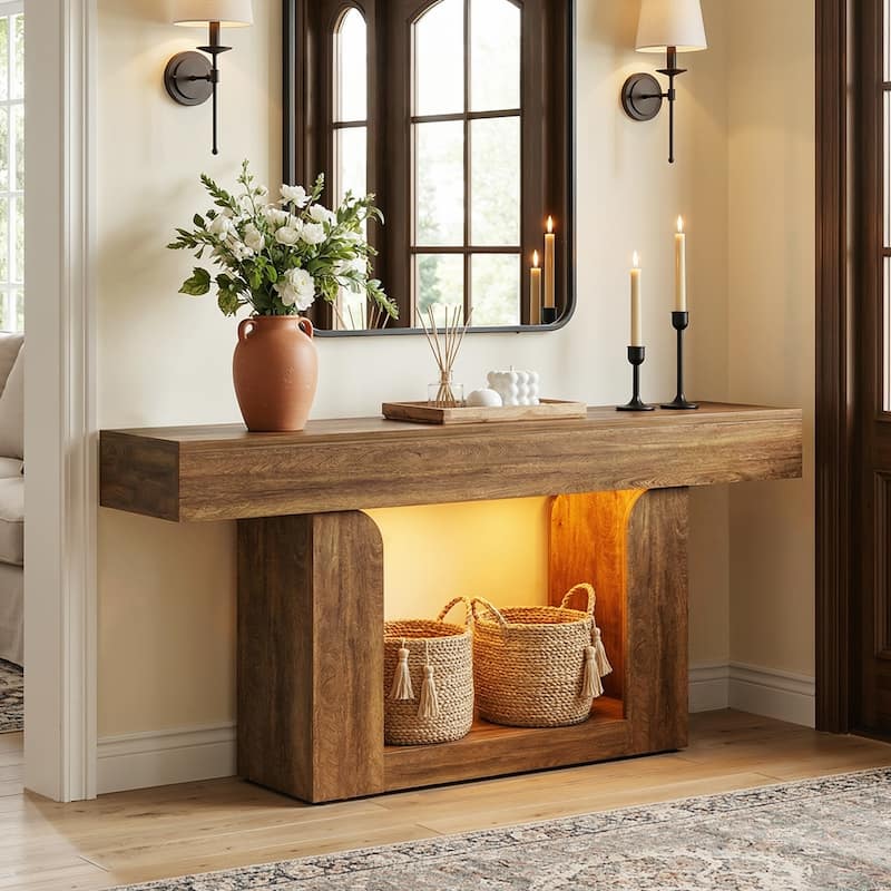 63'' W Farmhouse Console Table with Chaging Station, Thick Sofa/ Entryway Table with Storage Shlef