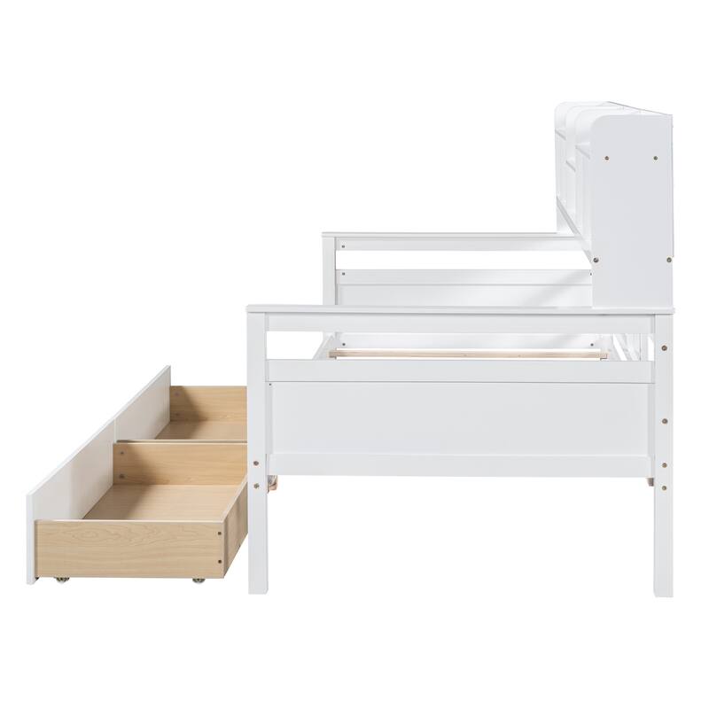White Twin Daybed with Wood Slats, Shelves & 2 Drawers - Space-Saving Multi-Functional Furniture