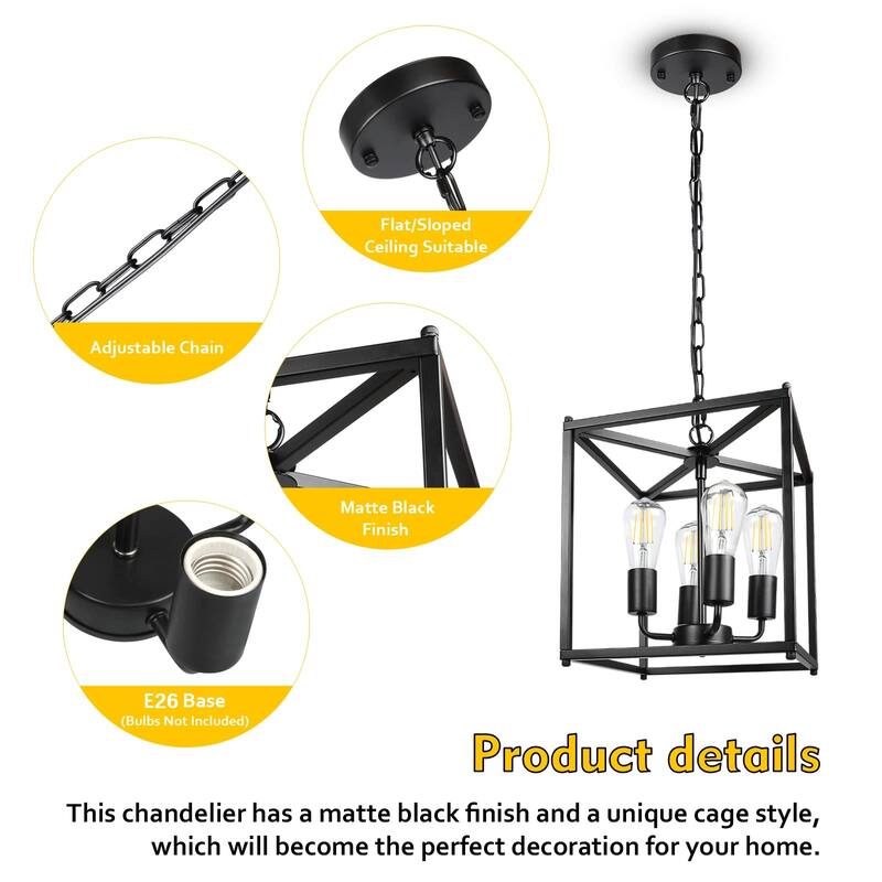 4-Light Black Farmhouse Chandelier, Iron Lantern Pendant Light Rustic Cage Adjustable Height, E26 Base Industrial Hanging Lights