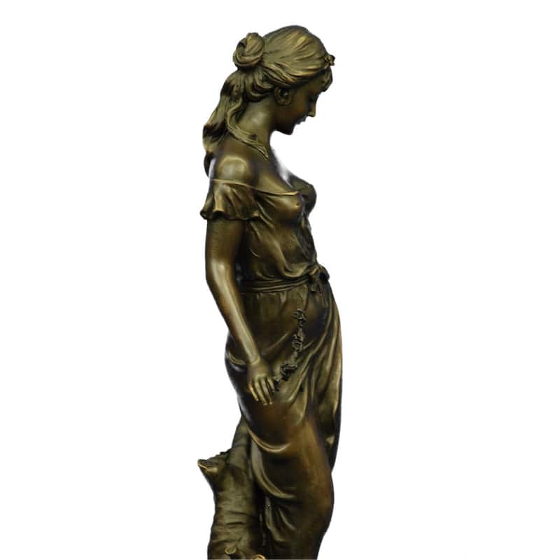 Signed Moreau Young Woman With A Long Stem Of Flower 100 Percent Solid Bronze Marble