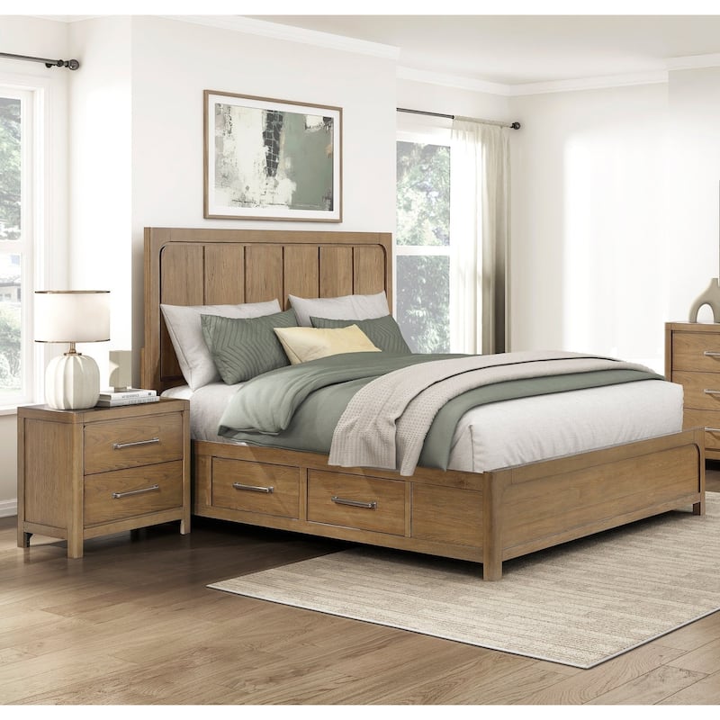3pc Light Brown Finish Bedroom Furniture Set Storage Bed and Two Nightstands - Eastern King