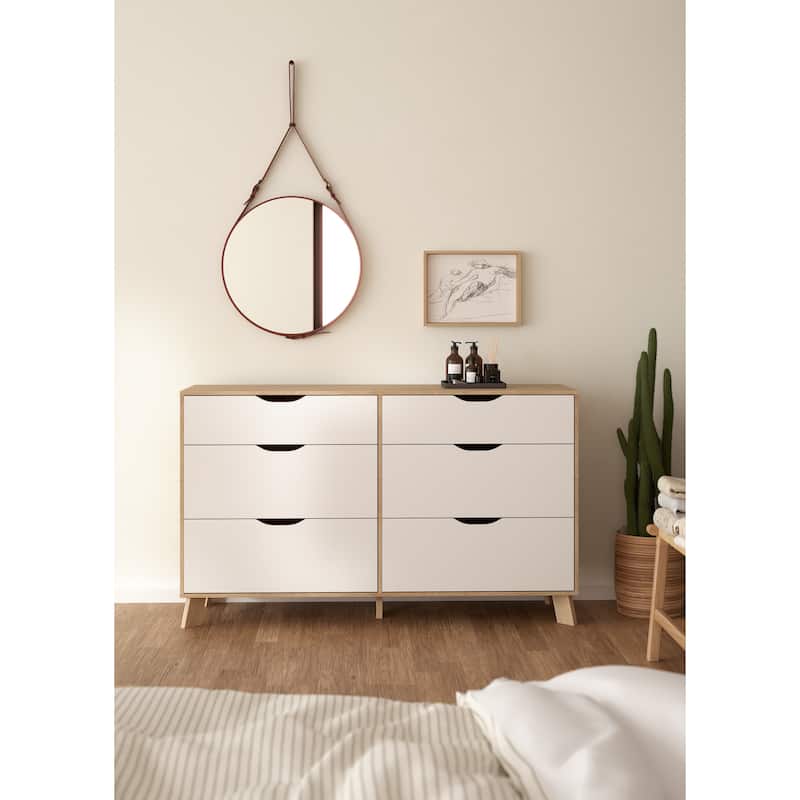 Porch & Den Ikast 6 Drawer Double Dresser, Jackson Hickory/White