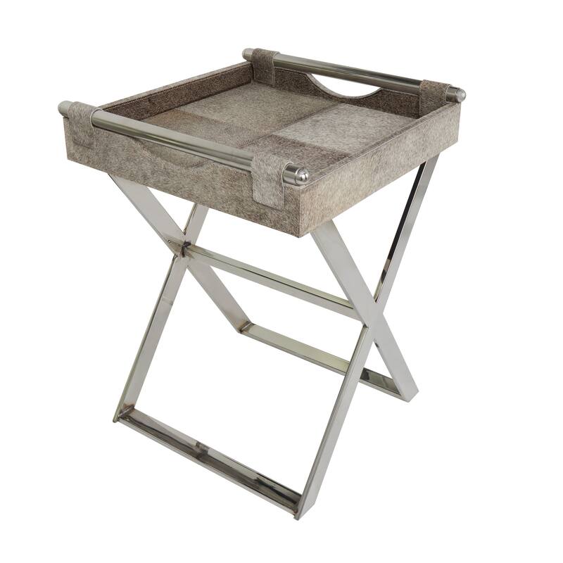 Gray Leather Tray Table Accent Table with Silver Legs and Handles