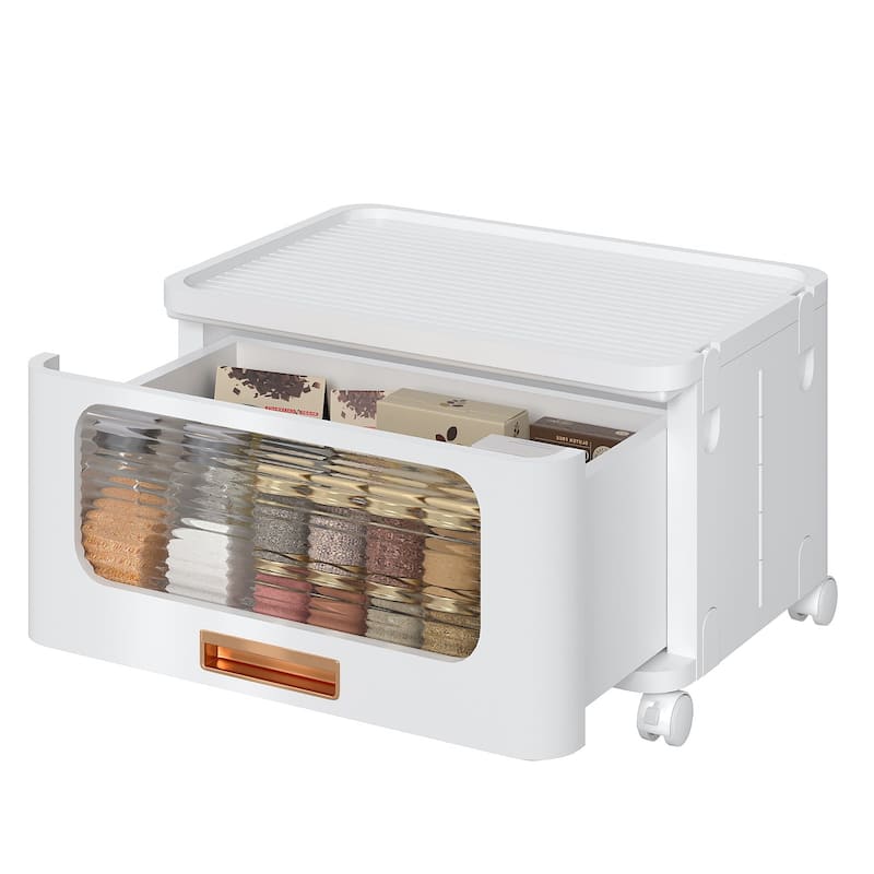 VECELO 1-Tier & 2-Tier White Plastic Rolling Storage Cabinet with Wheels & Transparent Drawers No Tools Assembly for Bedroom