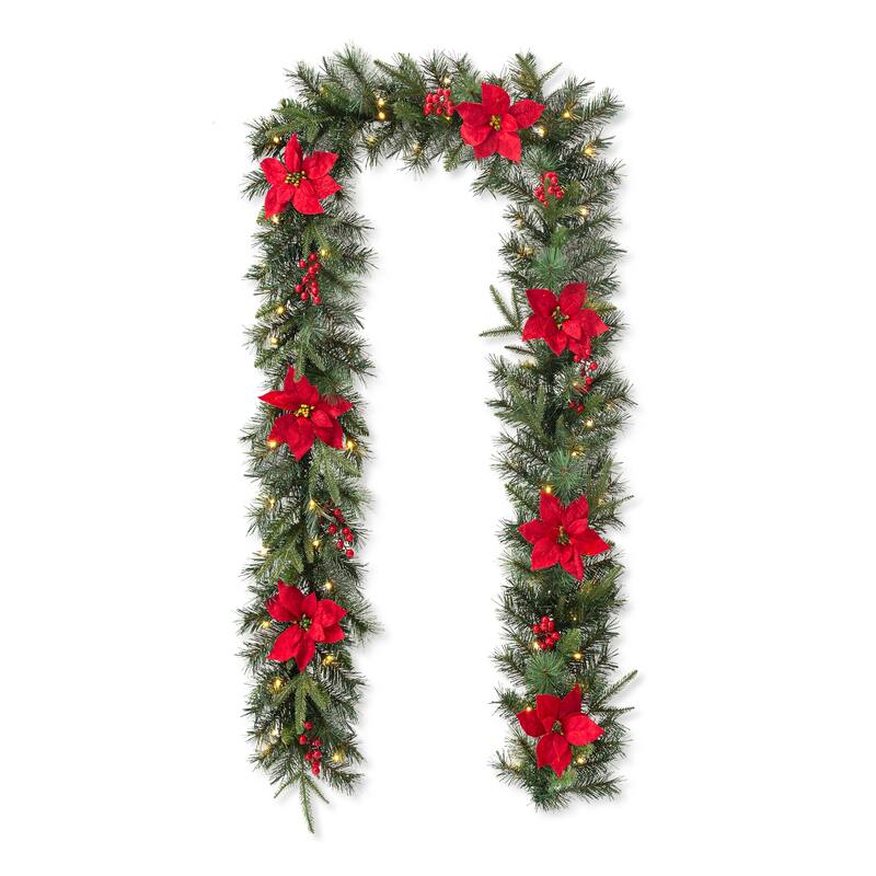 Glitzhome 4ft/5ft Pre-Lit Pine Artificial Christmas Potted Porch Trees with Warm White Lights and Poinsettia