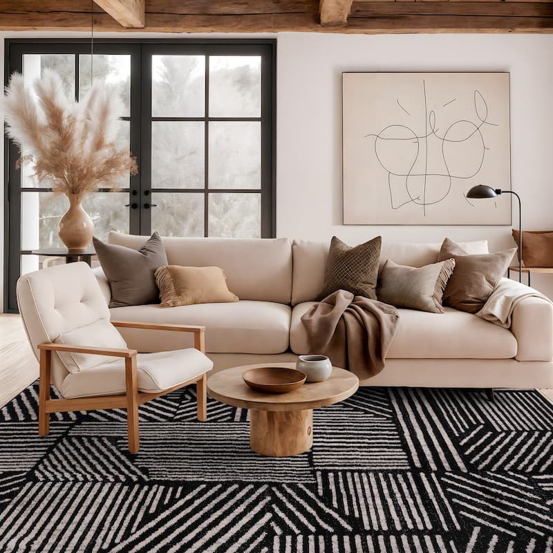 World Rug Gallery Contemporary Boho Stripes Black Area Rug - 6' 6" x 9'