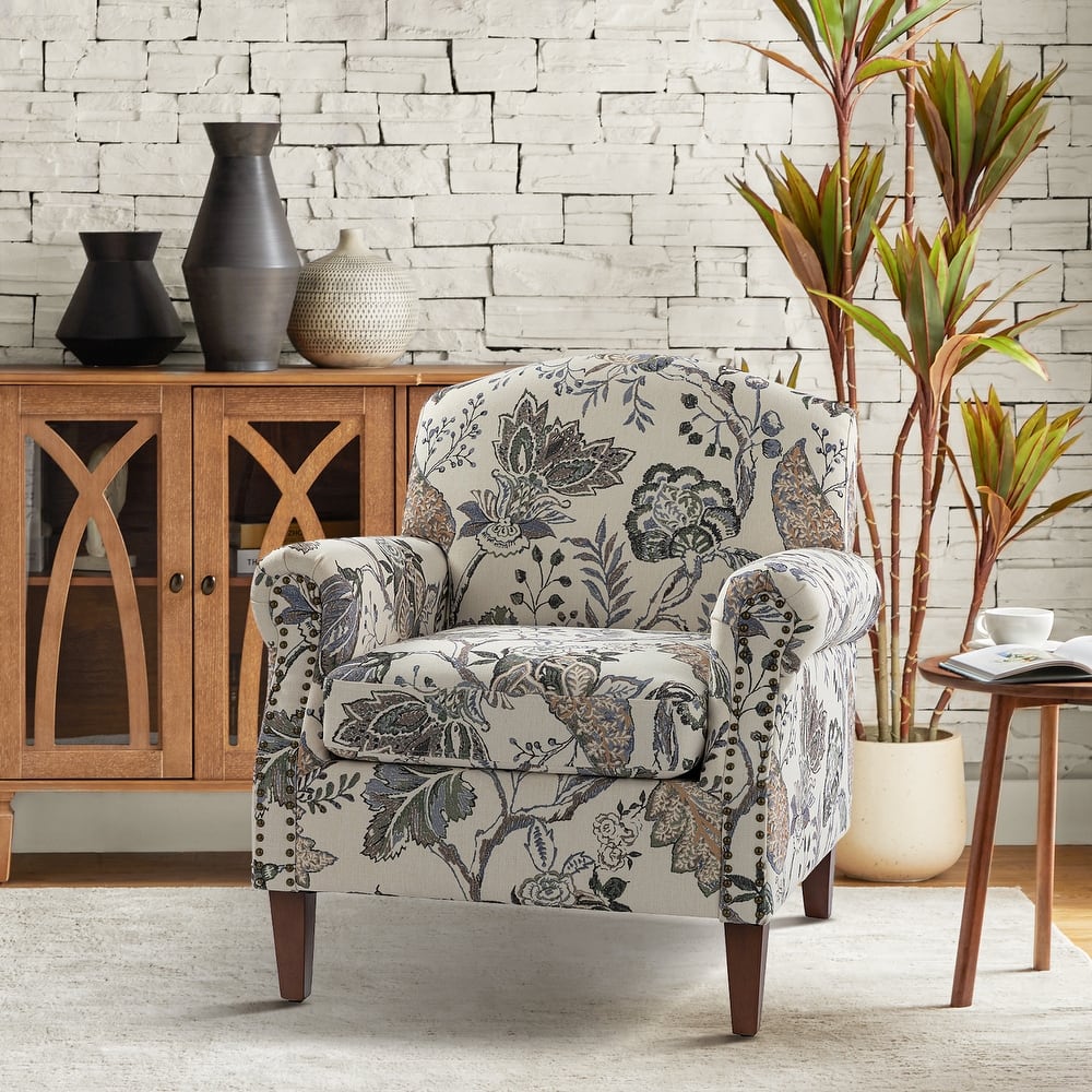 Giampiero 31" Farmhouse Wooden Upholstery Floral Armchair with Nailhead Trims by HULALA HOME