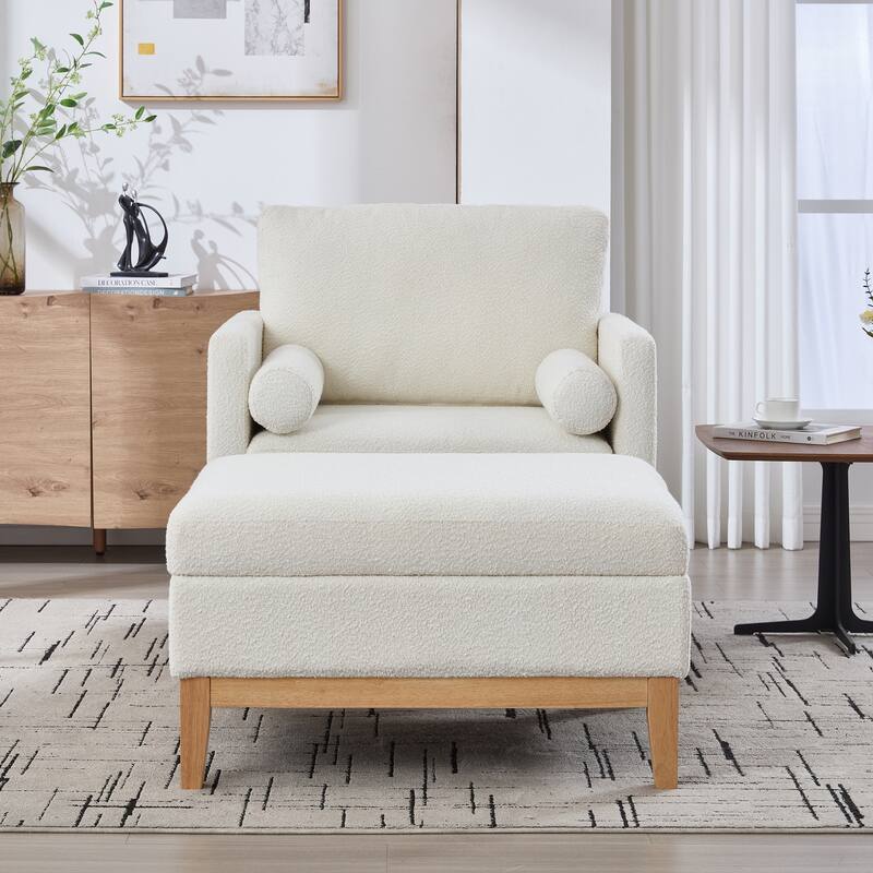 Roomfitters Boucle Arm Chair with Ottoman, Farmhouse Upholstered Wood Base Accent Chair and Reversible Lid Coffee Table