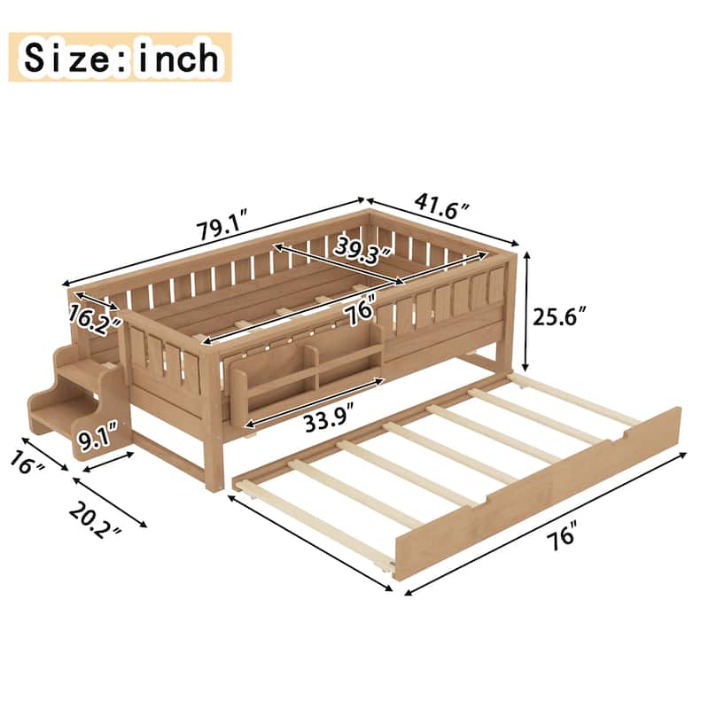 Roomfitters Floor Bed with Bookshelf and Trundle, Low Profile Frame with Step Entry