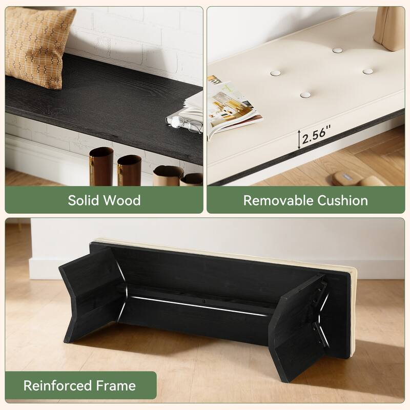 Solid Wood Bench with Removable Cushion, 55-Inch Long