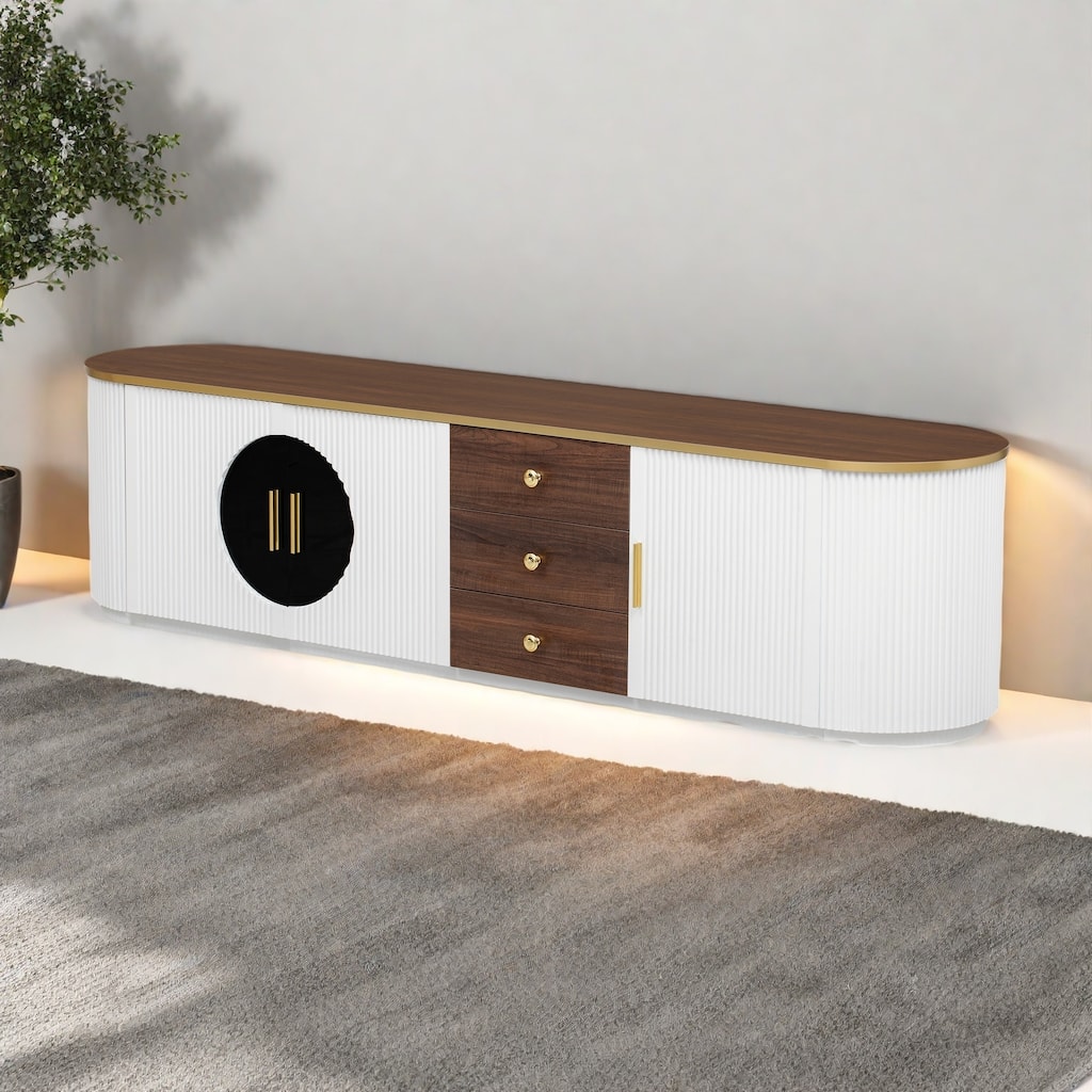 70.8" Luxe Woodgrain TV Stand with Gold Accents - 2 Glass-Front Cabinets and 3 Drawers, Cable Management