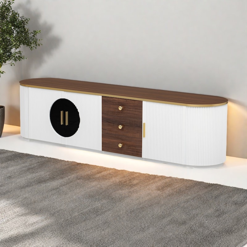 70.8" Luxe Woodgrain TV Stand with Gold Accents - 2 Glass-Front Cabinets and 3 Drawers, Cable Management - White