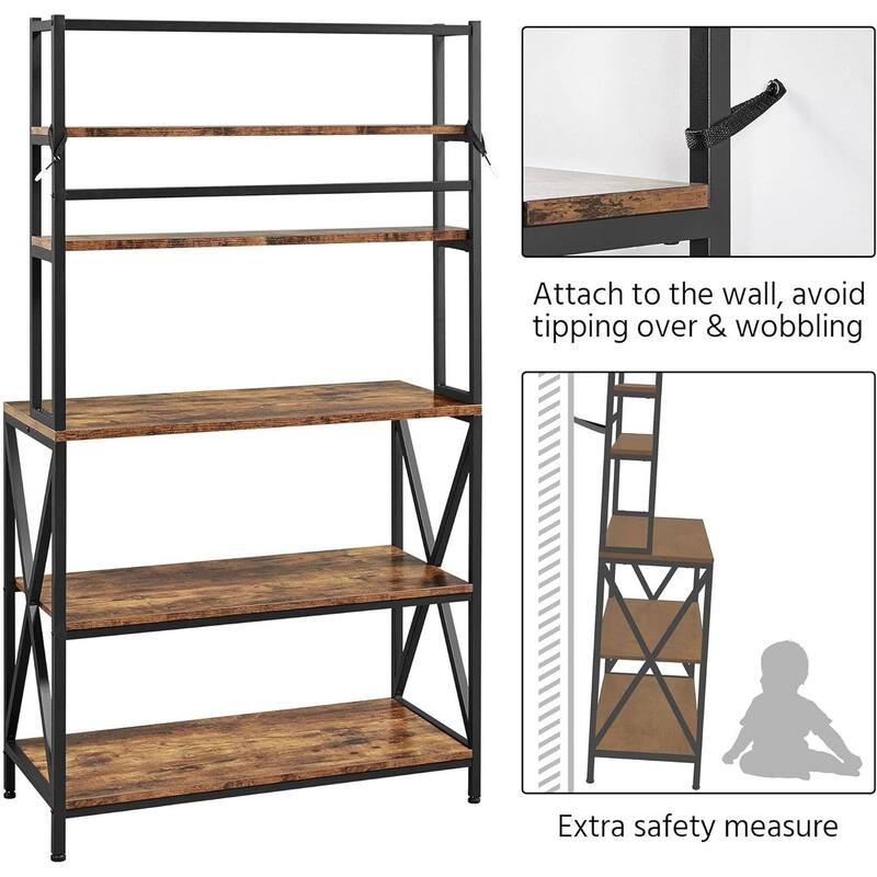 Wood Metal 5-Tier Adjustable Bakers Rack for Kitchen and Living Room Storage - 16"D x 35.5"W x 64.5"H