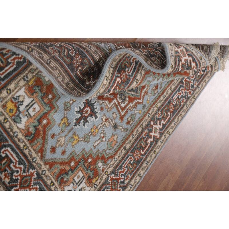 Light Blue Geometric Heriz Indian Area Rug Handmade Wool Carpet - 3'2"x 4'11"