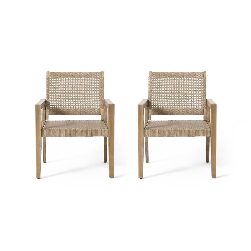Roomfitters Set of 2 Outdoor Wicker and Acacia Wood Club Chairs with Cushions for Patio Seating, Natural