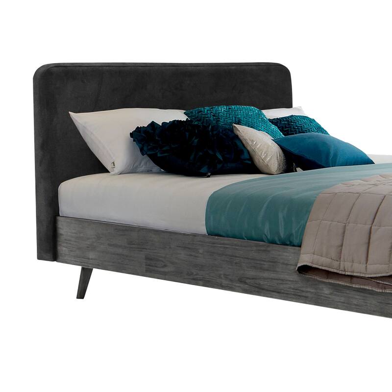 Modern Platform Bed - Gray Acacia Wood Frame & Upholstered Headboard - Low Profile Bed